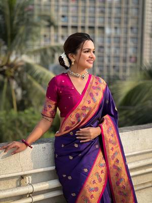 Violet zari woven tiny nath meenakari contrast yeola paithani silk blend saree 4