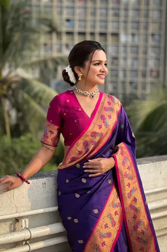 Violet zari woven tiny nath meenakari contrast yeola paithani silk blend saree