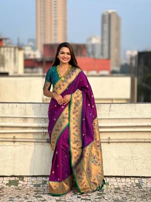 Wine zari woven tiny nath meenakari contrast yeola paithani silk blend saree 1