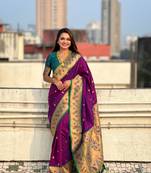 Wine zari woven tiny nath meenakari contrast yeola paithani silk blend saree