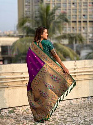 Wine zari woven tiny nath meenakari contrast yeola paithani silk blend saree 2