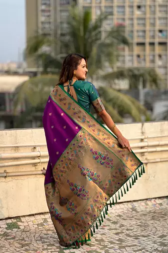 Wine zari woven tiny nath meenakari contrast yeola paithani silk blend saree