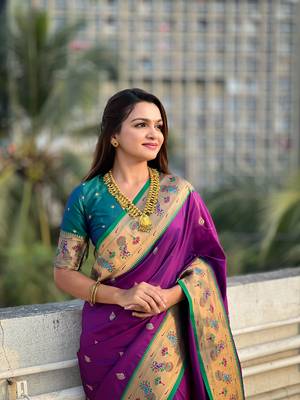 Wine zari woven tiny nath meenakari contrast yeola paithani silk blend saree 3