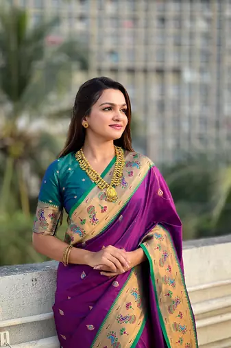 Wine zari woven tiny nath meenakari contrast yeola paithani silk blend saree