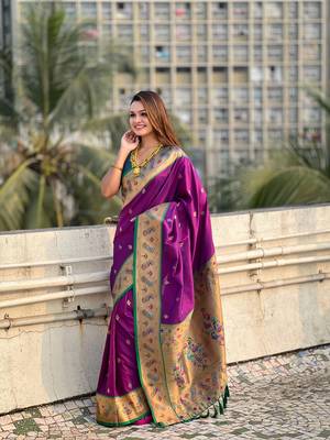 Wine zari woven tiny nath meenakari contrast yeola paithani silk blend saree 4