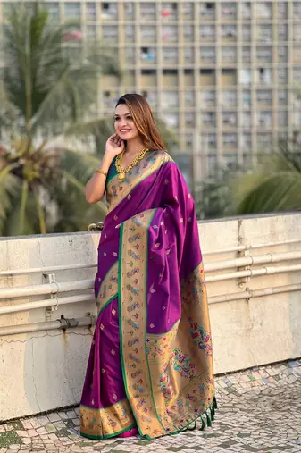 Wine zari woven tiny nath meenakari contrast yeola paithani silk blend saree