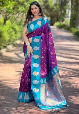 Warm purple soft silk blend contrast zari woven saree 1