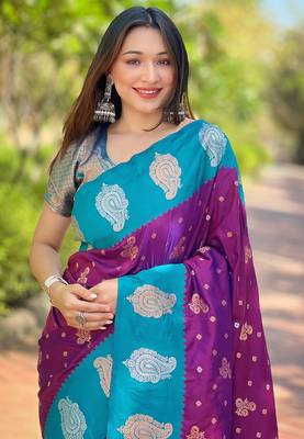 Warm purple soft silk blend contrast zari woven saree 2