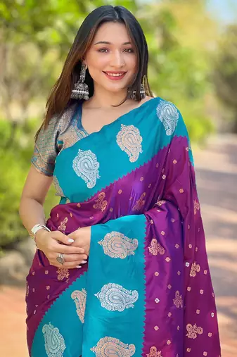 Warm purple soft silk blend contrast zari woven saree