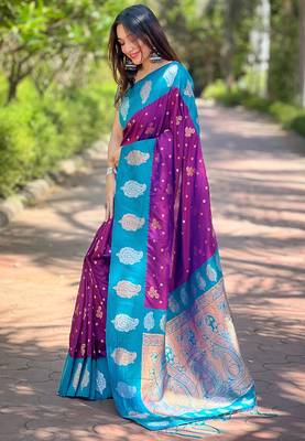 Warm purple soft silk blend contrast zari woven saree 3