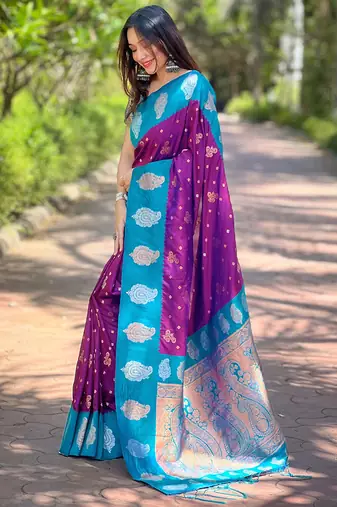 Warm purple soft silk blend contrast zari woven saree
