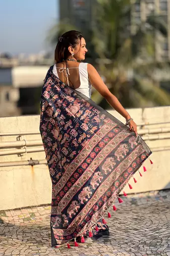 Dark blue tussar silk blend printed saree with zari woven border