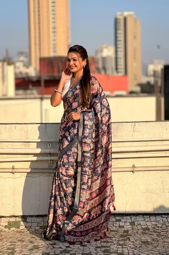 Dark blue tussar silk blend printed saree with zari woven border