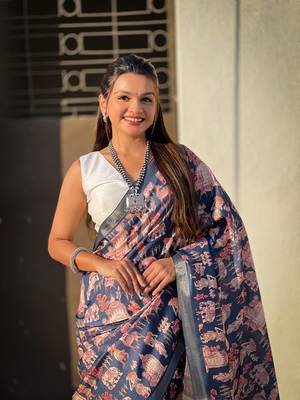 Dark blue tussar silk blend printed saree with zari woven border 4