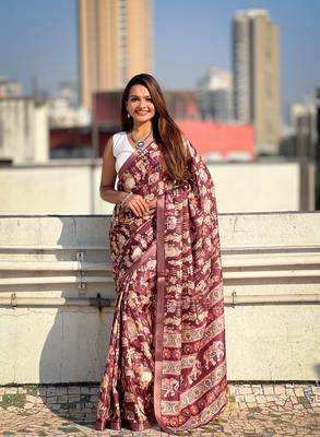 Dark brown tussar silk blend printed saree with zari woven border 1