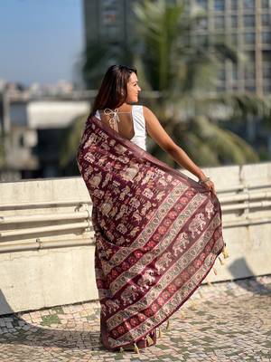 Dark brown tussar silk blend printed saree with zari woven border 2