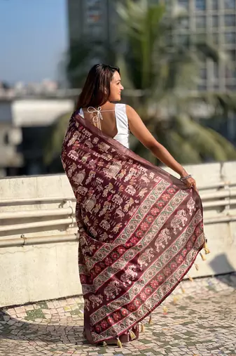 Dark brown tussar silk blend printed saree with zari woven border