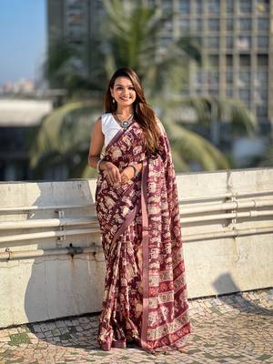 Dark brown tussar silk blend printed saree with zari woven border 3