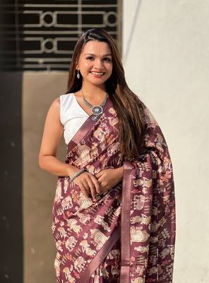 Dark brown tussar silk blend printed saree with zari woven border 4