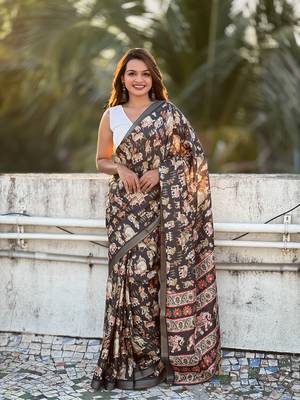 Black tussar silk blend printed saree with zari woven border 1