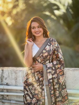 Black tussar silk blend printed saree with zari woven border 2