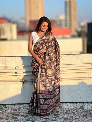 Black tussar silk blend printed saree with zari woven border 4