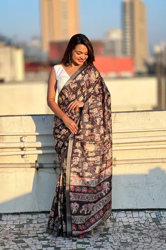 Black tussar silk blend printed saree with zari woven border