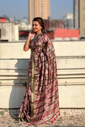 Bottle green tussar silk blend printed saree with zari woven border