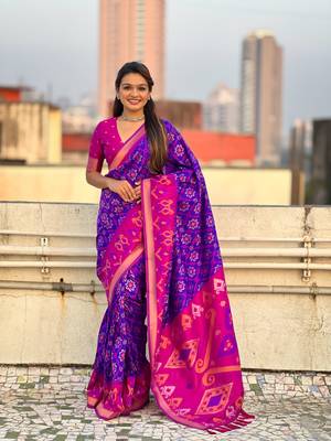 Violet soft silk blend zari woven patola saree with contrast weaves 1