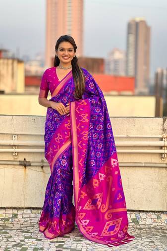 Violet soft silk blend zari woven patola saree with contrast weaves