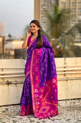 Violet soft silk blend zari woven patola saree with contrast weaves