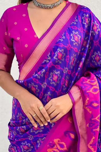Violet soft silk blend zari woven patola saree with contrast weaves