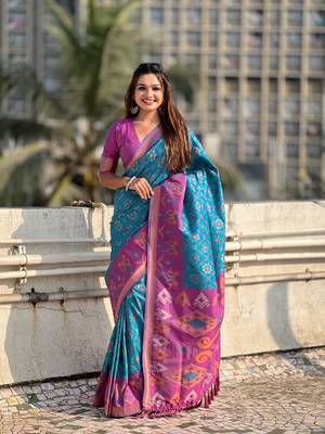 Sky blue soft silk blend zari woven patola saree with contrast weaves 1