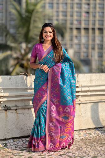 Sky blue soft silk blend zari woven patola saree with contrast weaves