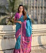 Sky blue soft silk blend zari woven patola saree with contrast weaves