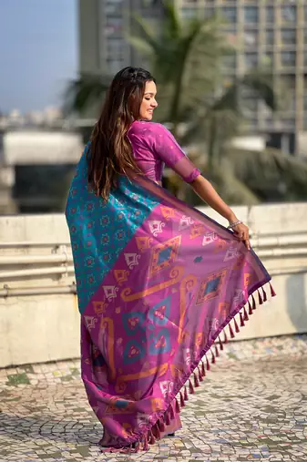 Sky blue soft silk blend zari woven patola saree with contrast weaves