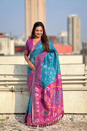 Sky blue soft silk blend zari woven patola saree with contrast weaves