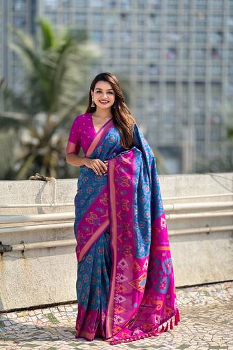 Blue soft silk blend zari woven patola saree with contrast weaves