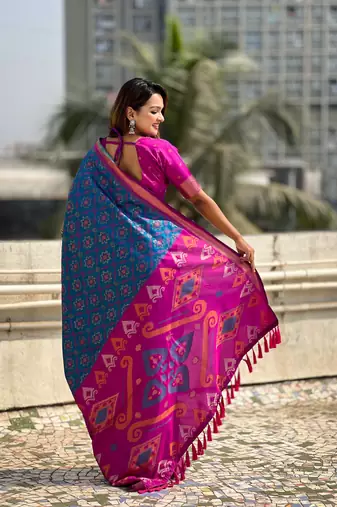 Blue soft silk blend zari woven patola saree with contrast weaves