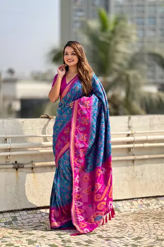 Blue soft silk blend zari woven patola saree with contrast weaves
