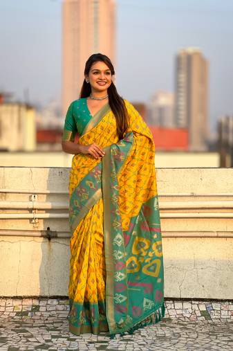 Yellow soft silk blend zari woven patola saree with contrast weaves