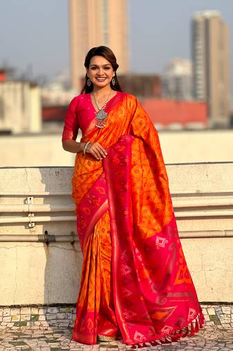 Orange soft silk blend zari woven patola saree with contrast weaves