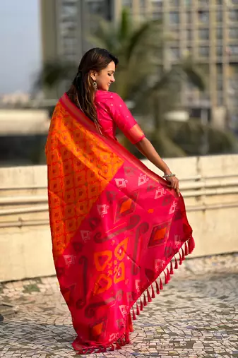 Orange soft silk blend zari woven patola saree with contrast weaves