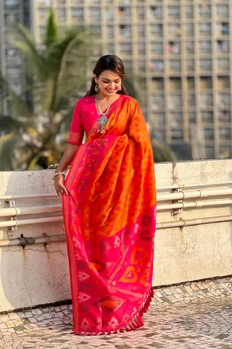 Orange soft silk blend zari woven patola saree with contrast weaves