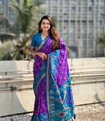 Purple soft silk blend zari woven patola saree with contrast weaves