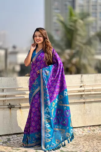 Purple soft silk blend zari woven patola saree with contrast weaves