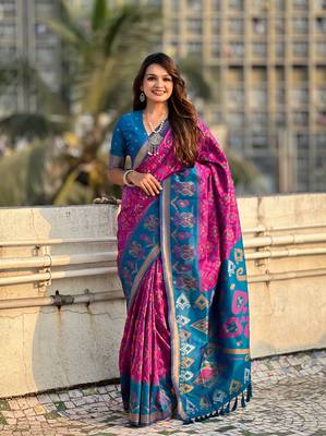 Wine soft silk blend zari woven patola saree with contrast weaves 1