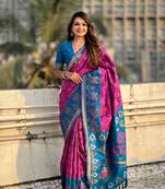 Wine soft silk blend zari woven patola saree with contrast weaves