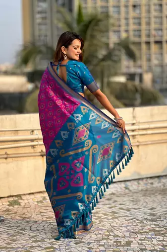 Wine soft silk blend zari woven patola saree with contrast weaves