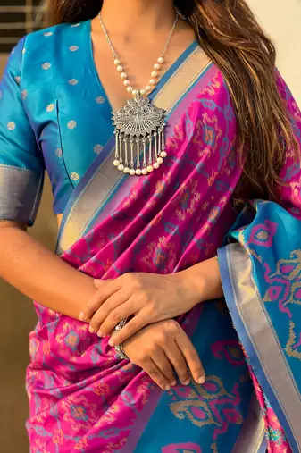 Wine soft silk blend zari woven patola saree with contrast weaves
